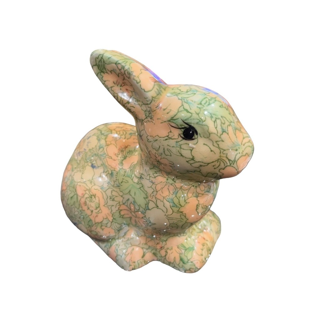 Vintage Easter Enesco Decoupage Rabbit Bunny Folk Art Floral 1970's Grannycore - Picture 4 of 9
